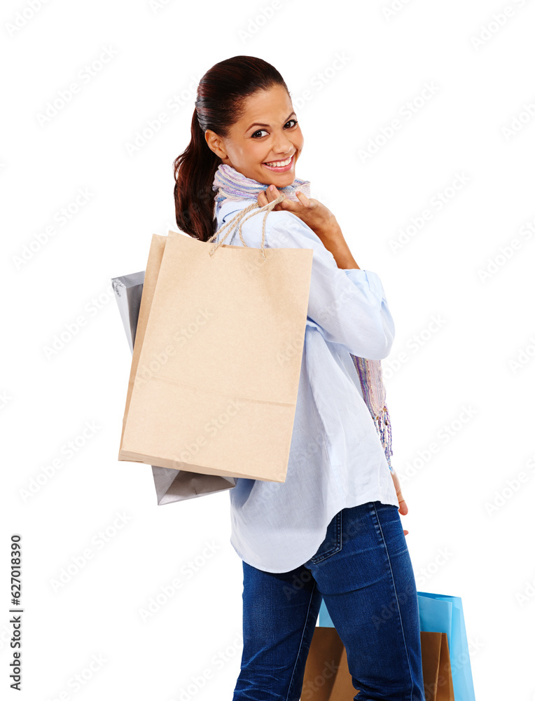 Happy shopping, woman and portrait with white background, isolated studio or retail mall sales. Rich