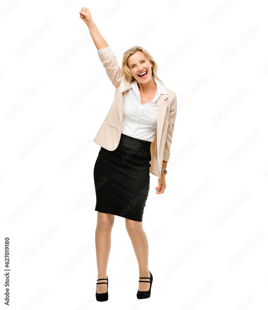 Portrait, smile and mature woman with fist of celebration in studio for good news or promotion again