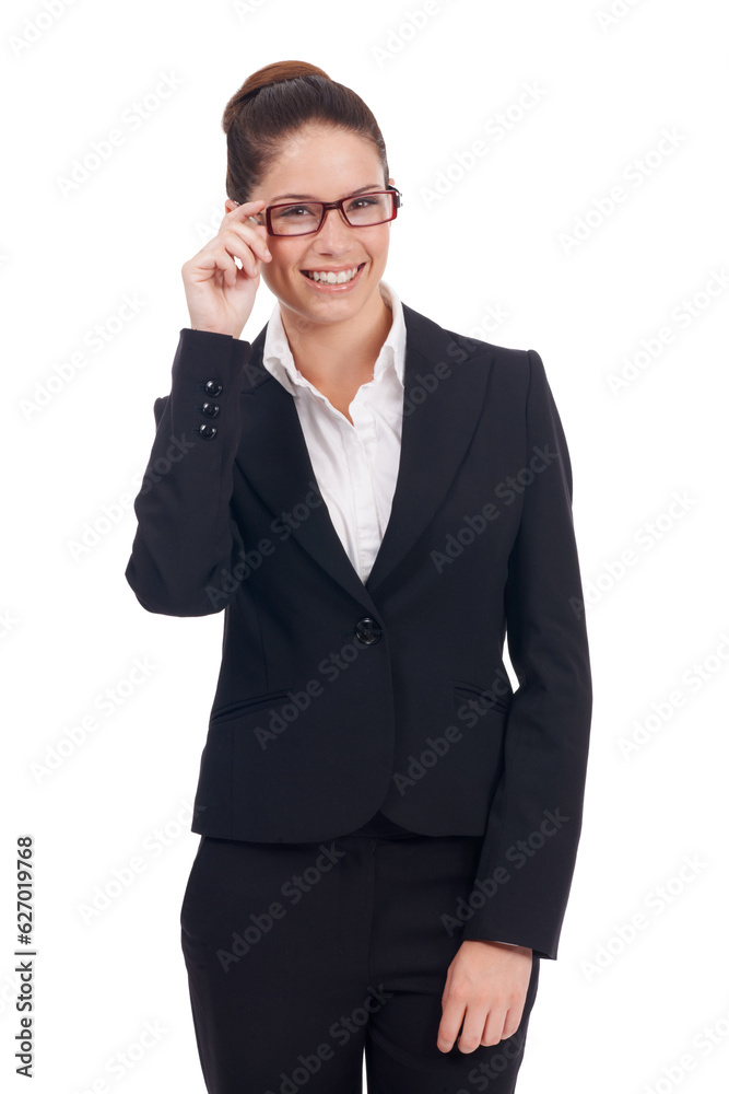 Professional portrait, glasses and studio woman happy for corporate work, business success or job ca