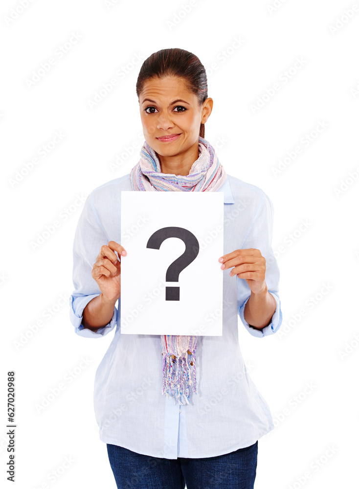 Question mark, marketing and portrait of a woman with a poster for branding isolated on a white back