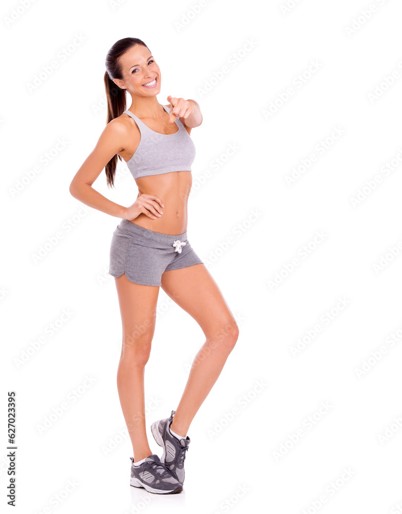 I can help you look like this. Portrait of an attractive and sporty young woman against a white back