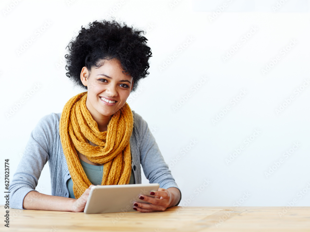 Tablet, online and woman portrait isolated on wall background for college, university or studying mo