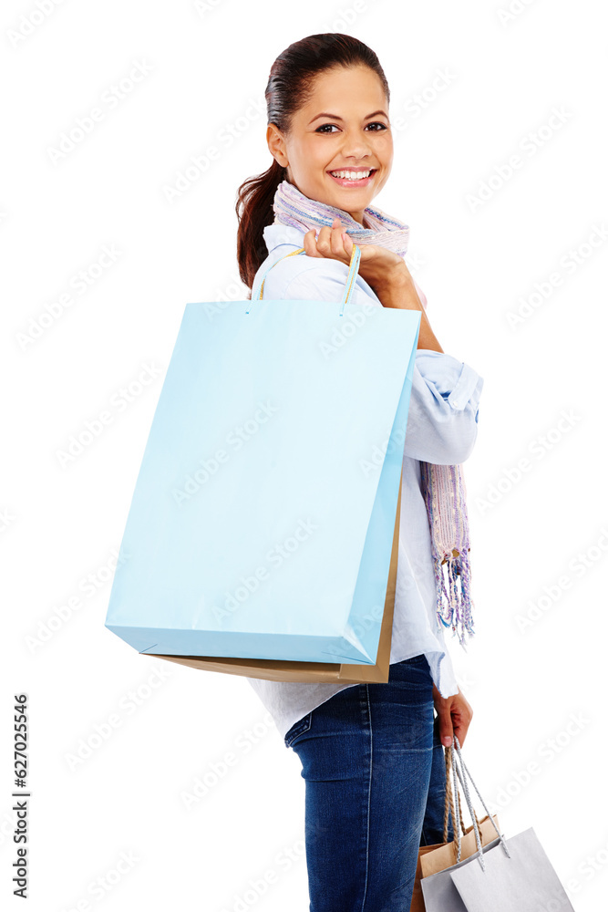 Woman, shopping and studio portrait with white background, isolated and retail mall sales. Happy cus