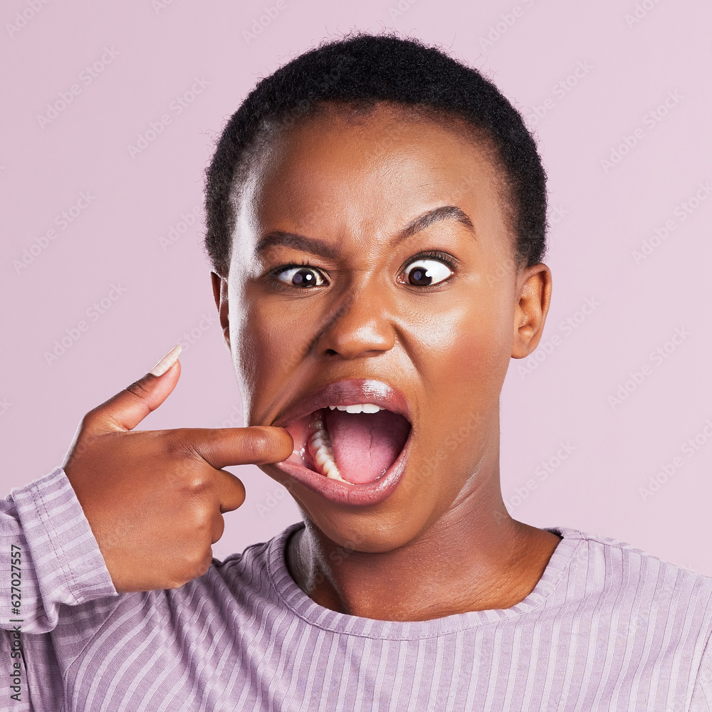 Woman, squint and face in pink studio background with closeup in africa with meme. Female person, po