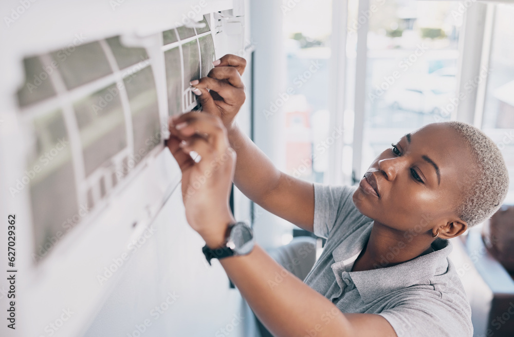 Black woman, electrician and ac repair for electrical system, fan maintenance and labor. Female mech