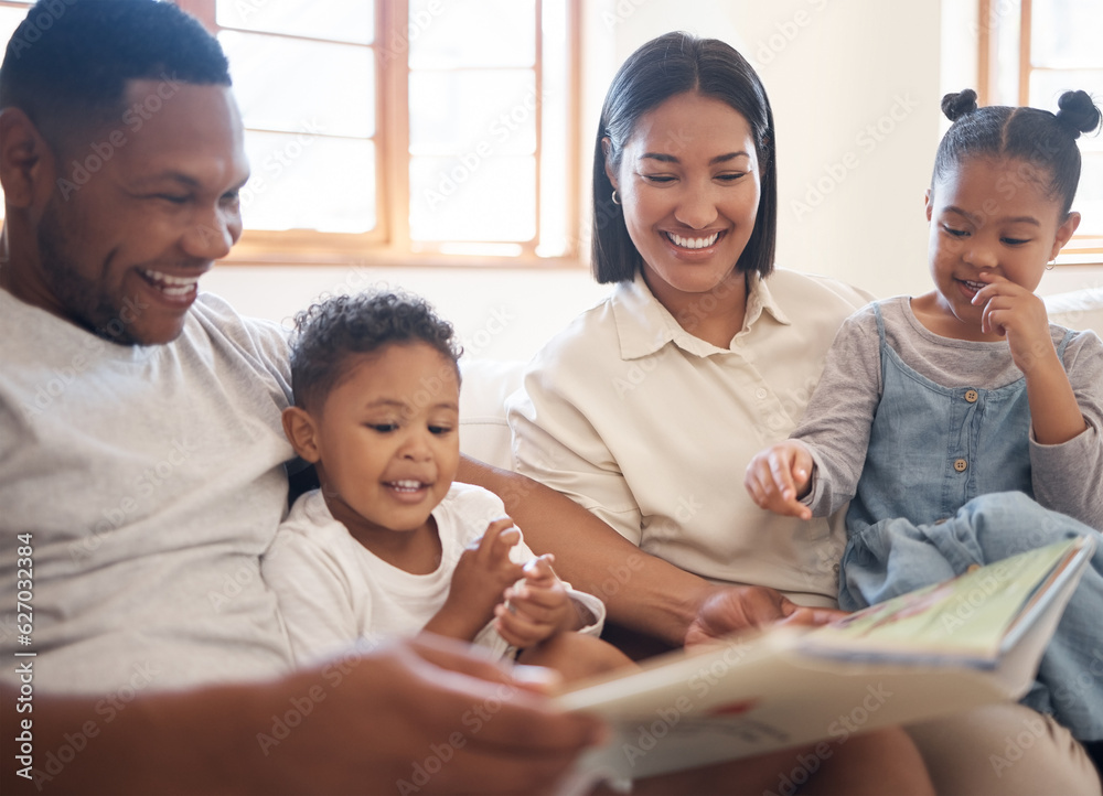 Funny family, reading book and learning in home living room, bonding or care. Storytelling, educatio