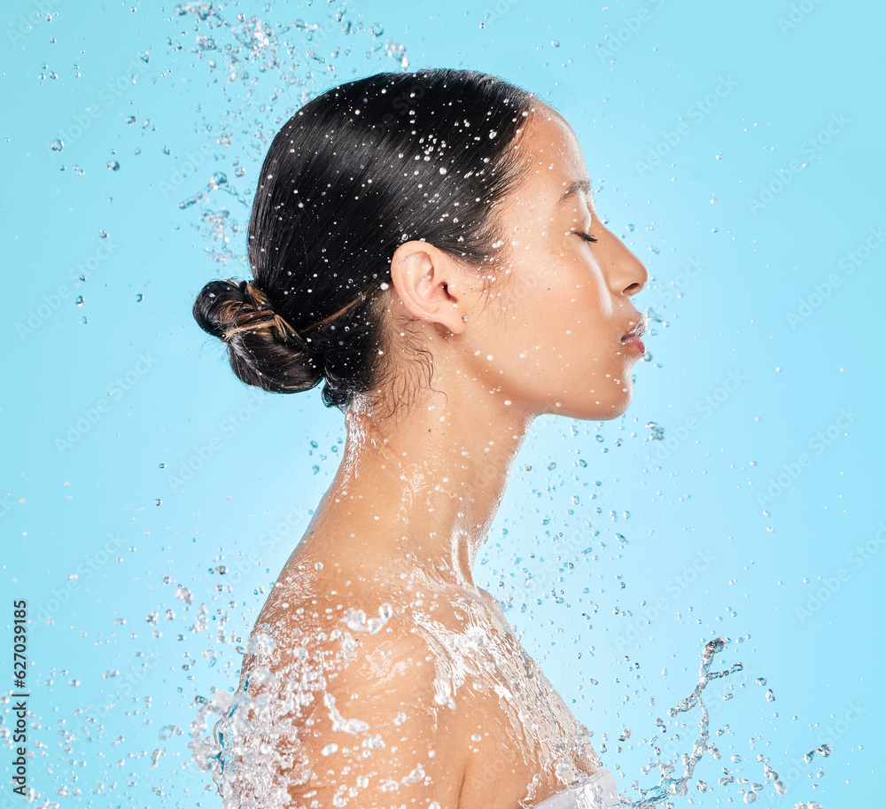 Skincare, water and profile of woman on blue background for wellness, healthy skin and cleaning in s