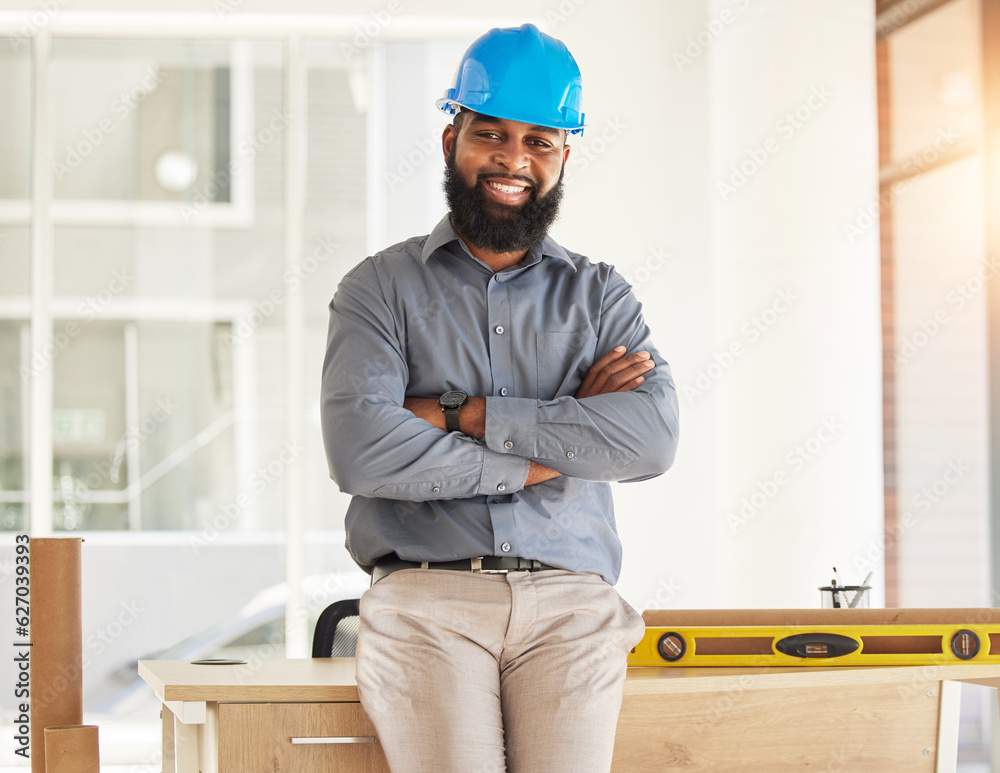 Engineering, crossed arms and portrait of male construction worker with confidence in his office. Ha