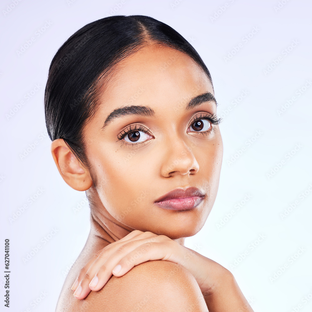 Beauty, skincare and makeup with portrait of woman in studio for cosmetics, glow and self care. Spa 