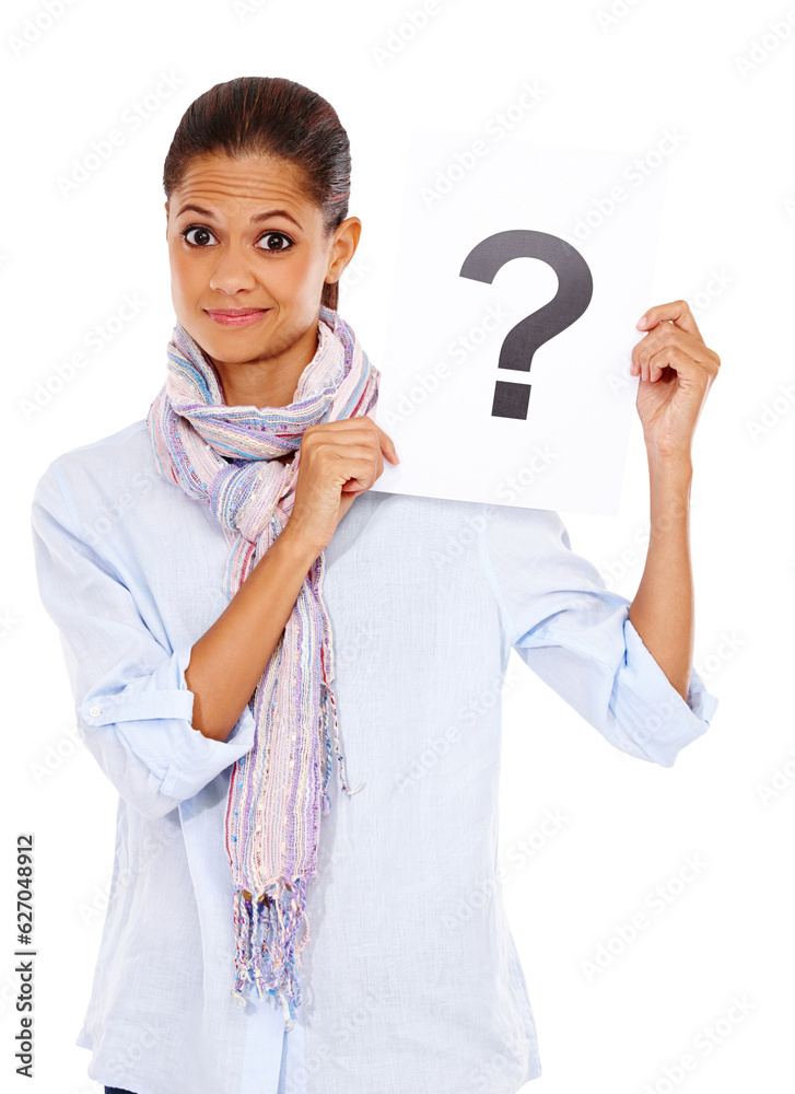 Confused, question mark and portrait of a woman with a paper isolated on a white background. Marketi