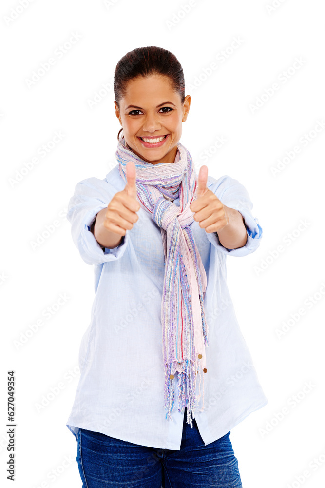 Woman, smile and thumbs up for discount, sale or deal against white studio background. Portrait of i