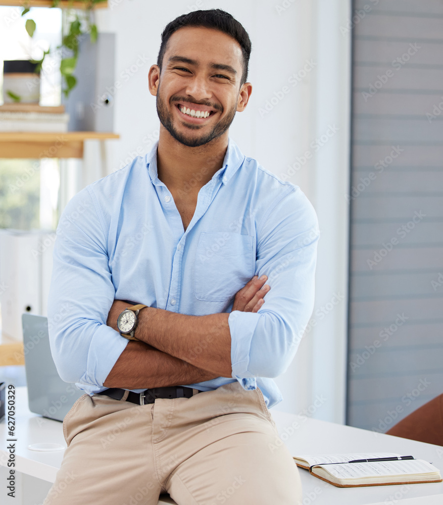 Portrait, writer and business man with arms crossed in office, workplace or company. Face, confidenc