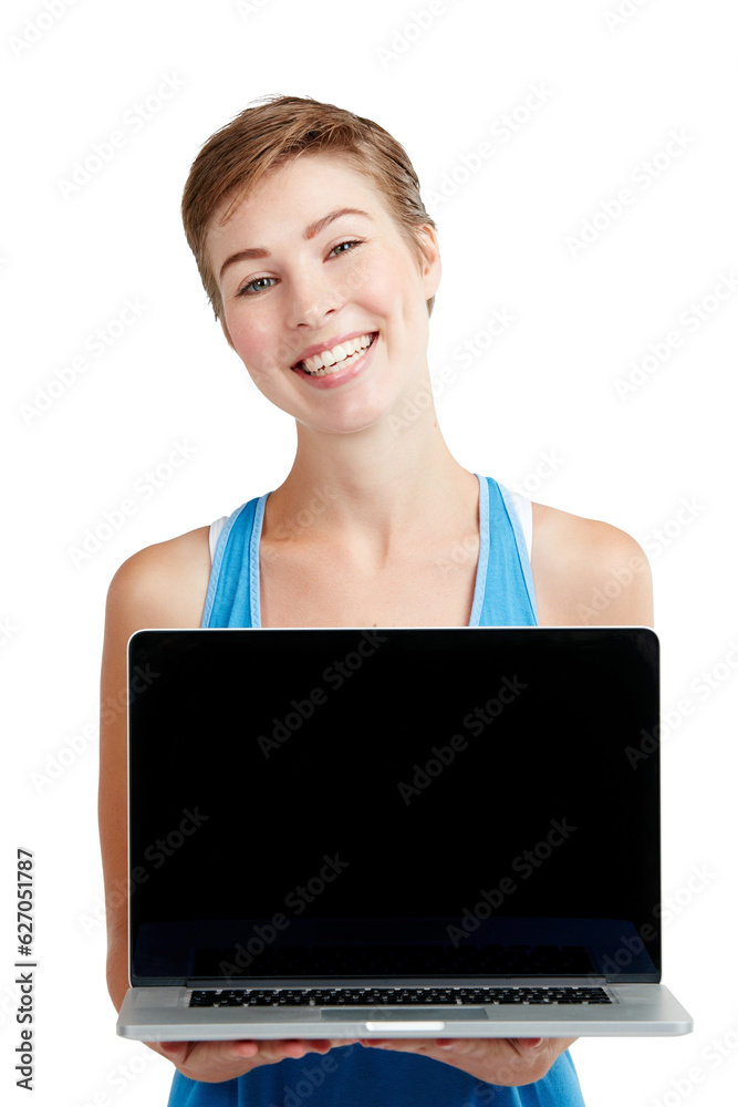 Laptop mockup, portrait and woman isolated on a white background with technology screen for product 