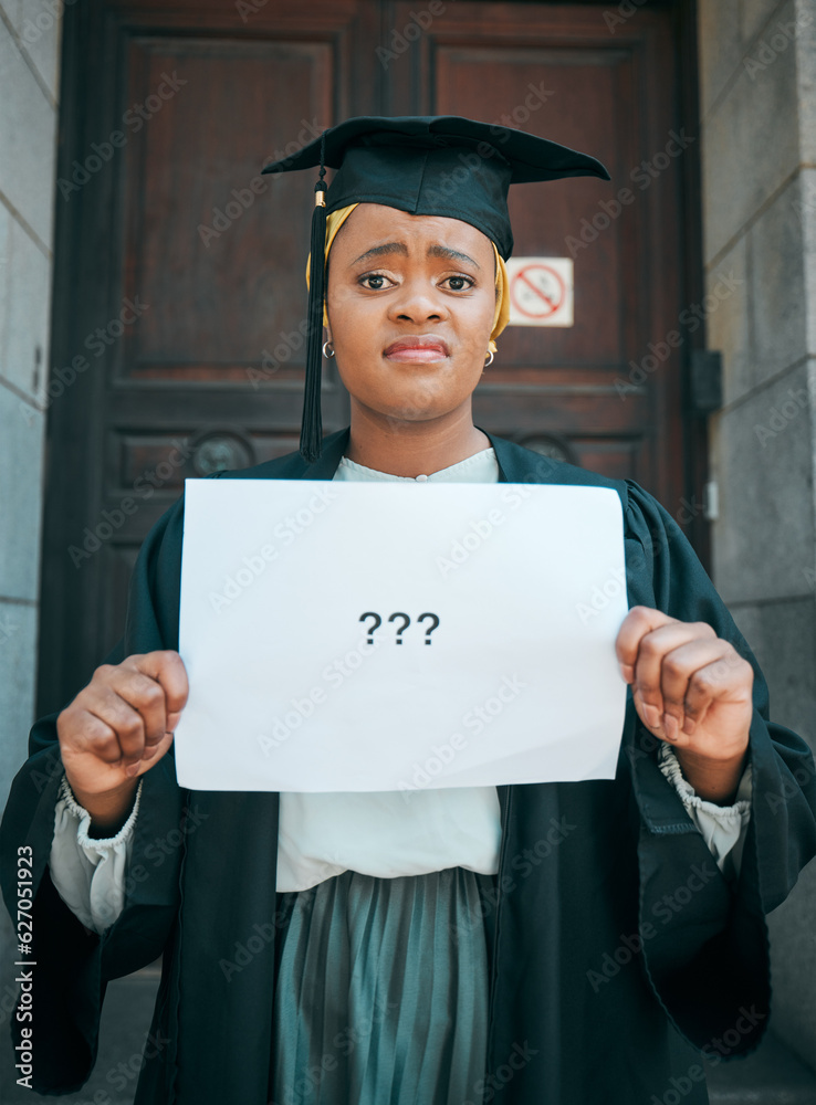 Graduation, confused and poster with portrait of black woman for doubt, question mark and decision. 