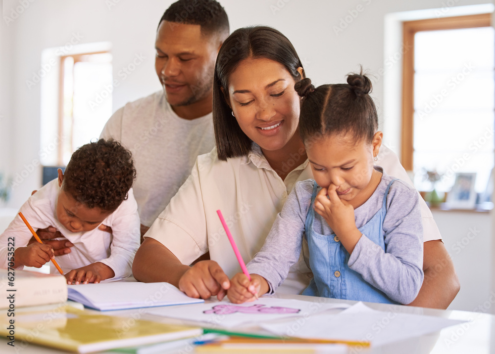 Family, parents help their children with homework and books on desk at their home. Support with writ