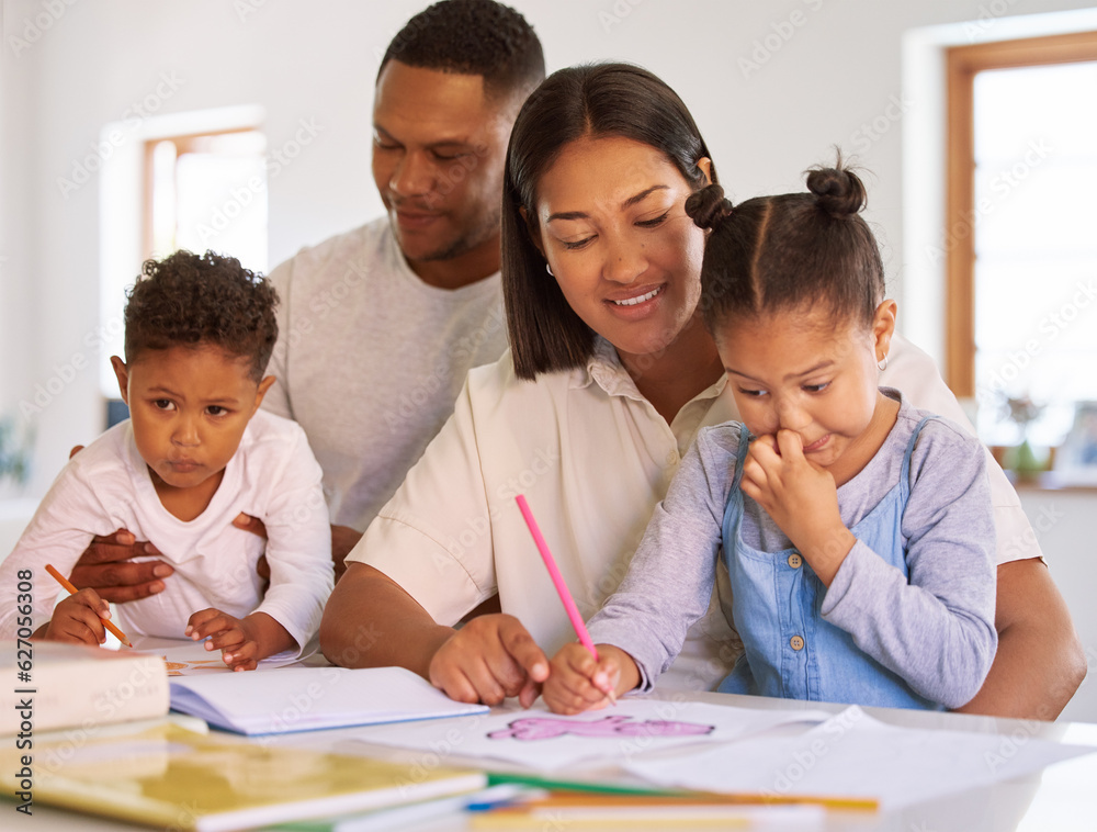 Teaching, parents and children learning in home with mom, dad and education in kindergarten. Couple,