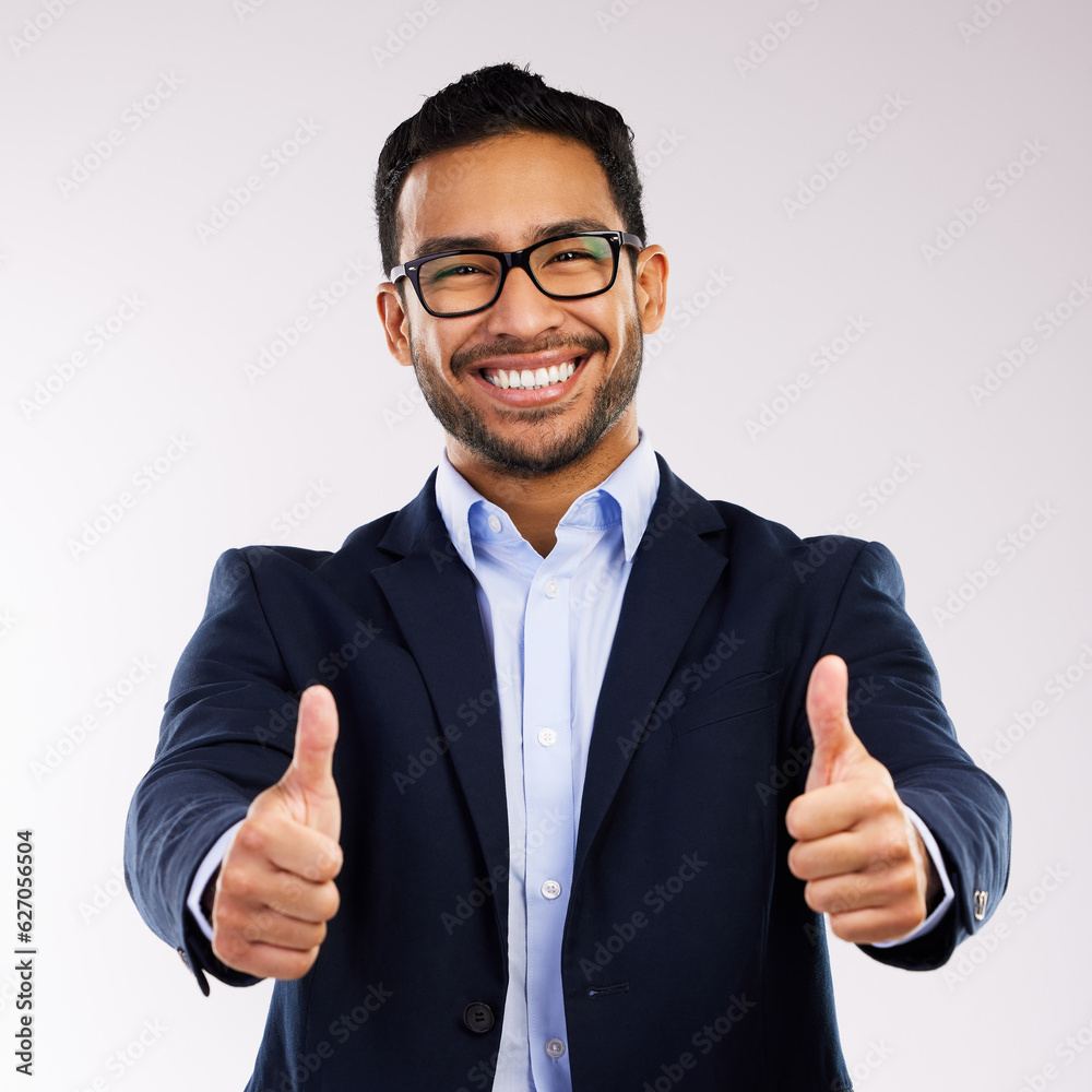 Accept, glasses and portrait of business man happy in agreement with vision and isolated in a white 