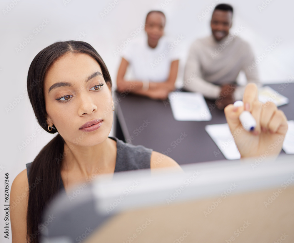 Woman, face and writing on board, presentation and brainstorming with team leader, speaker and works