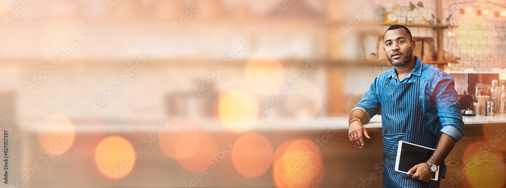 Black man, portrait and barista with tablet on bokeh in small business management at coffee shop. Co