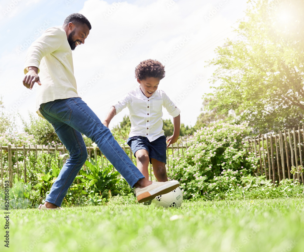 Soccer, dad and happy kid on a garden with exercise, sport learning and goal kick together. Lawn, fu