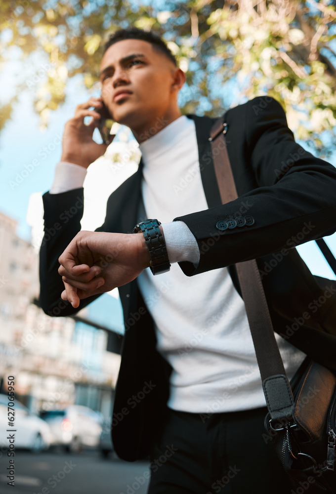 Business man, phone call and city with a watch, travel and contact with connection, check time and s