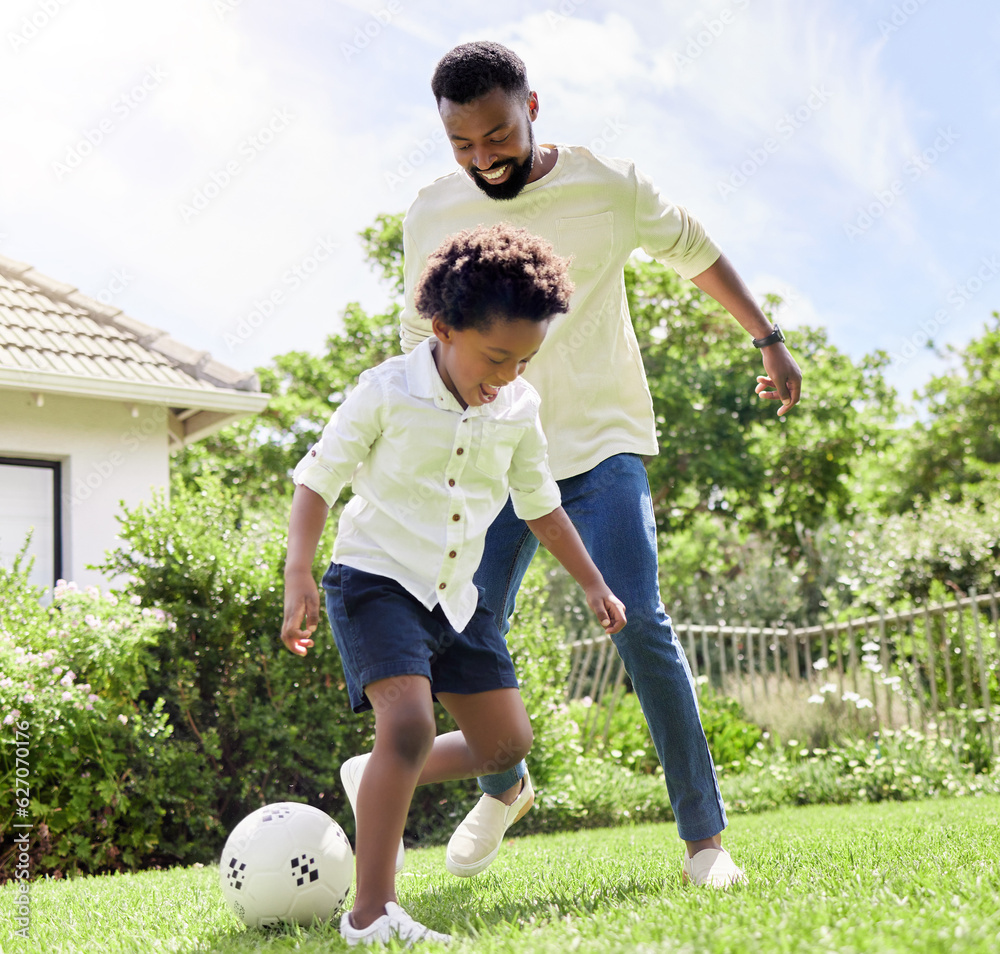 Soccer game, dad and happy kid on a garden with exercise, sport learning and goal kick together. Law