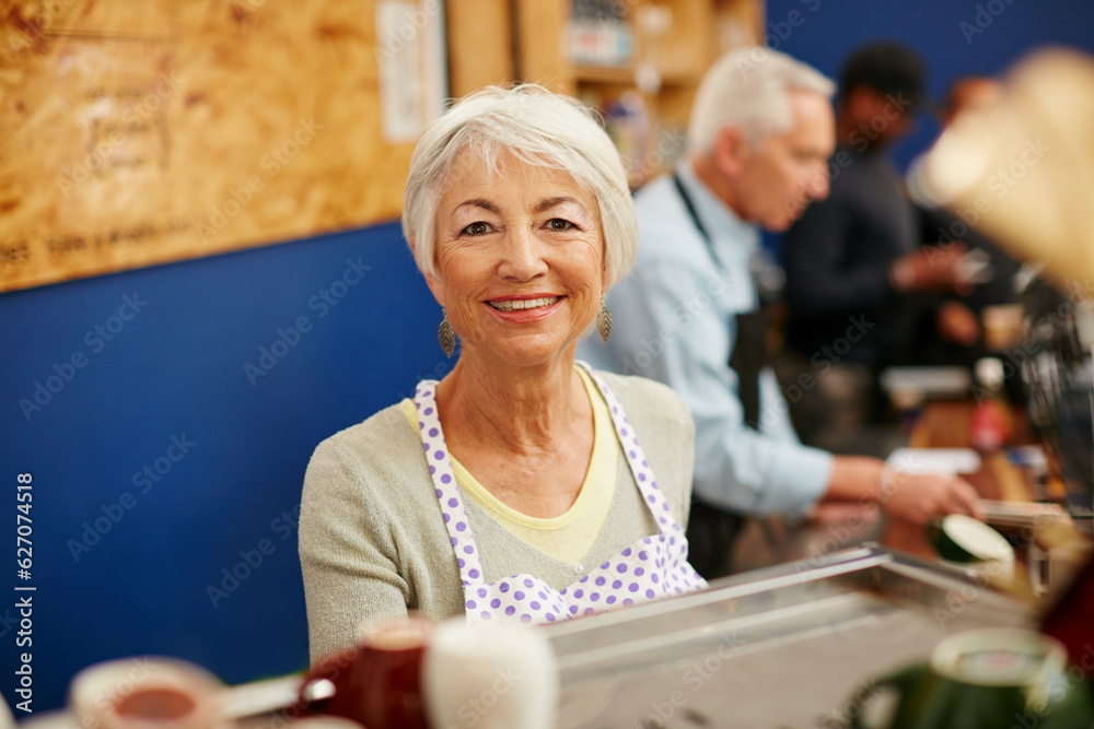 Senior woman, portrait and coffee shop owner work for retirement in a store with a smile. Elderly fe