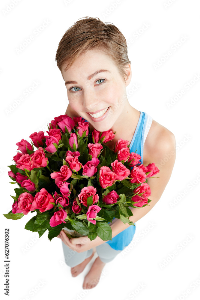 Woman, smile and rose bouquet in portrait, Valentines day gift and love, nature isolated on white ba