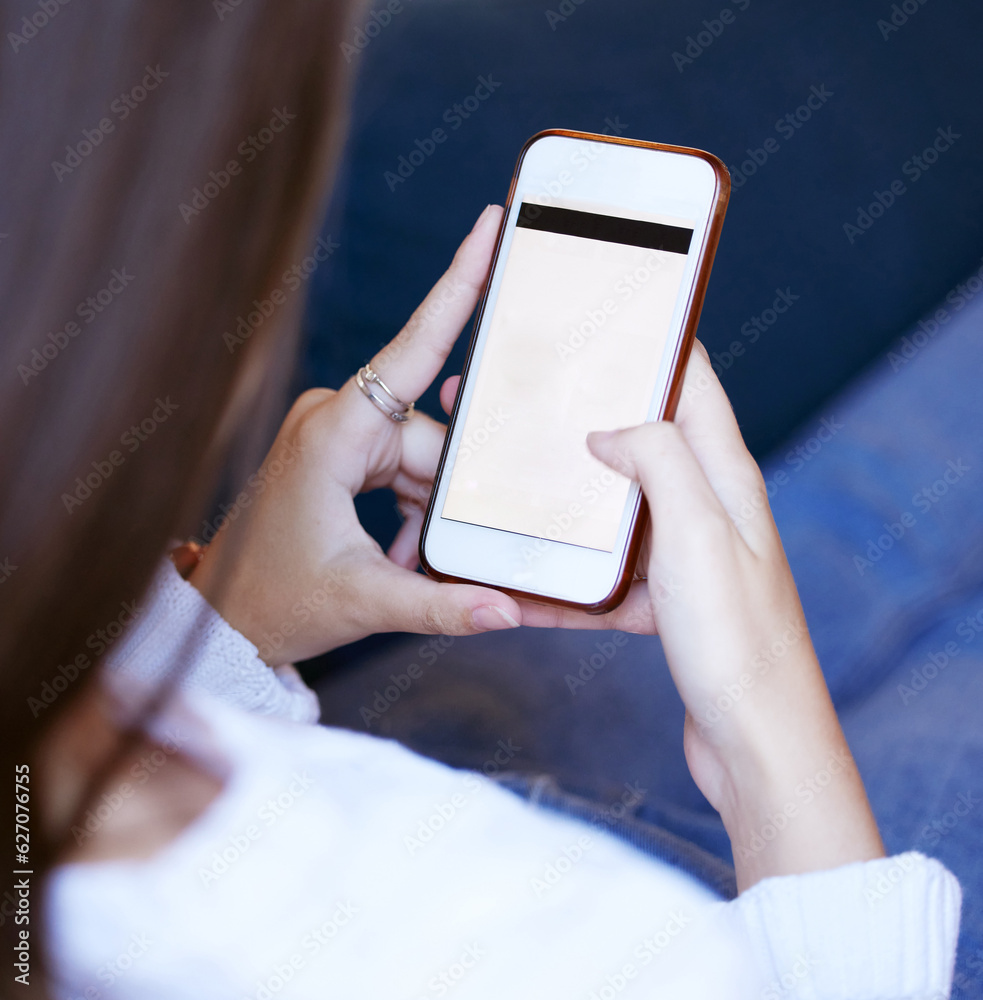 Hands, woman and closeup of phone with mockup space for advertising, marketing or product placement.