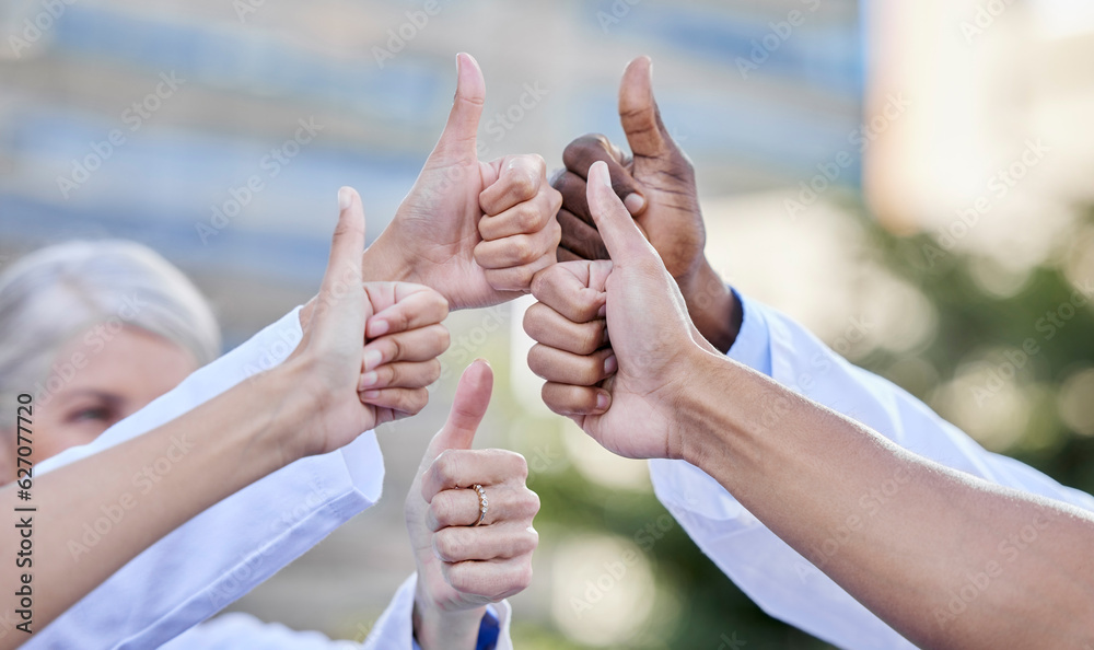 Doctor, thumbs up and hands together for thank you, emoji and yes hand sign with motivation. Goal, s