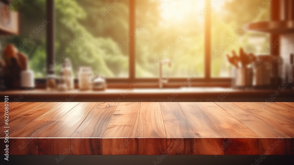 Empty wooden tabletop, bokeh view of modern kitchen interior. Product and food display Generative ai