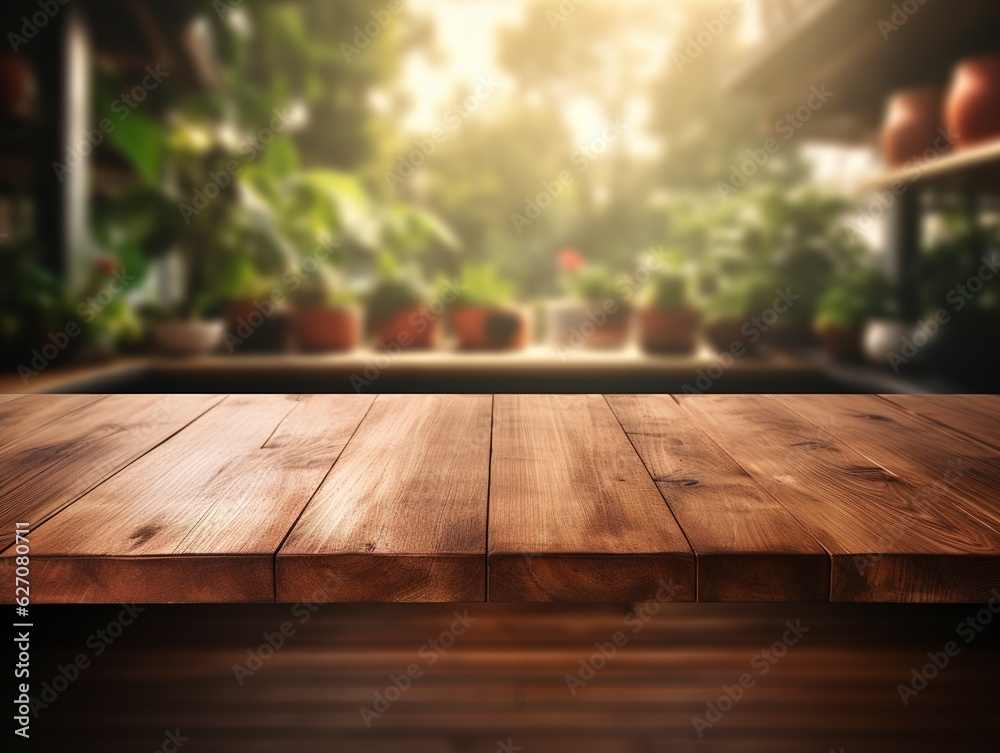 Empty wooden tabletop, bokeh view of modern kitchen interior. Product and food display Generative ai