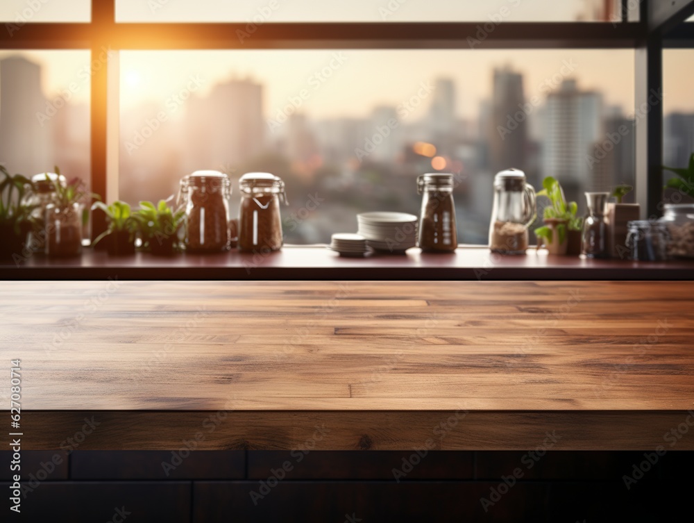 Empty wooden tabletop, bokeh view of modern kitchen interior. Product and food display Generative ai