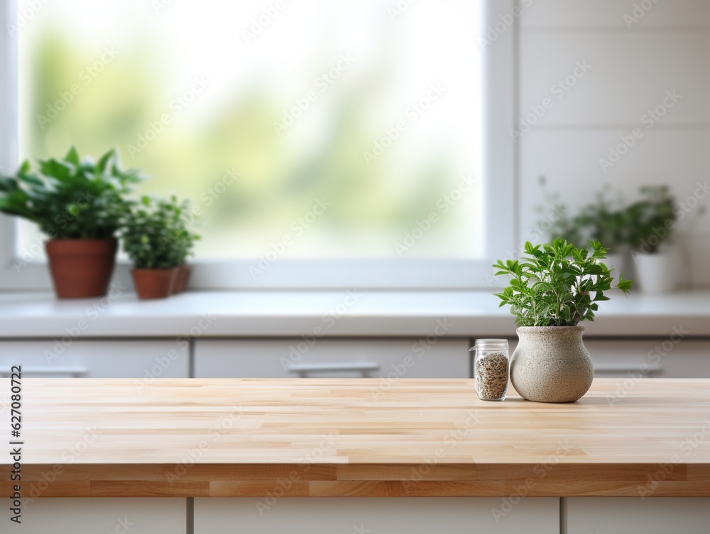 Empty wooden tabletop, bokeh view of modern kitchen interior. Product and food display Generative ai