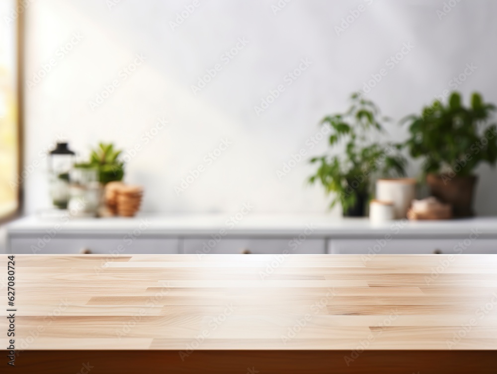 Empty wooden tabletop, bokeh view of modern kitchen interior. Product and food display Generative ai