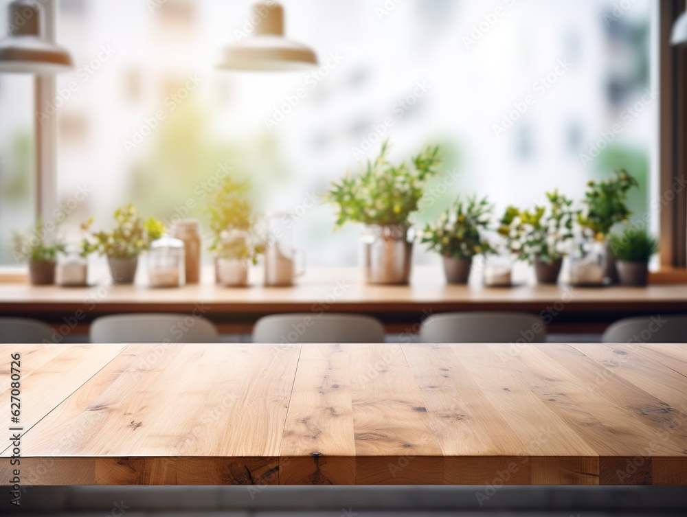 Empty wooden tabletop, bokeh view of modern kitchen interior. Product and food display Generative ai