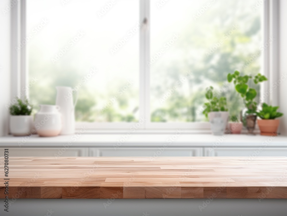 Empty wooden tabletop, bokeh view of modern kitchen interior. Product and food display Generative ai