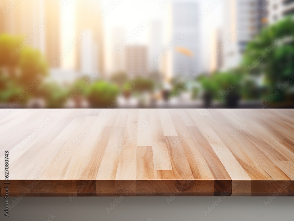 Empty wooden tabletop, bokeh view of modern kitchen interior. Product and food display Generative ai