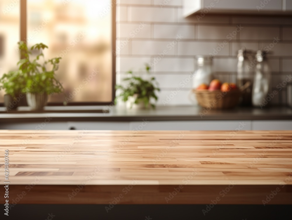 Empty wooden tabletop, bokeh view of modern kitchen interior. Product and food display Generative ai