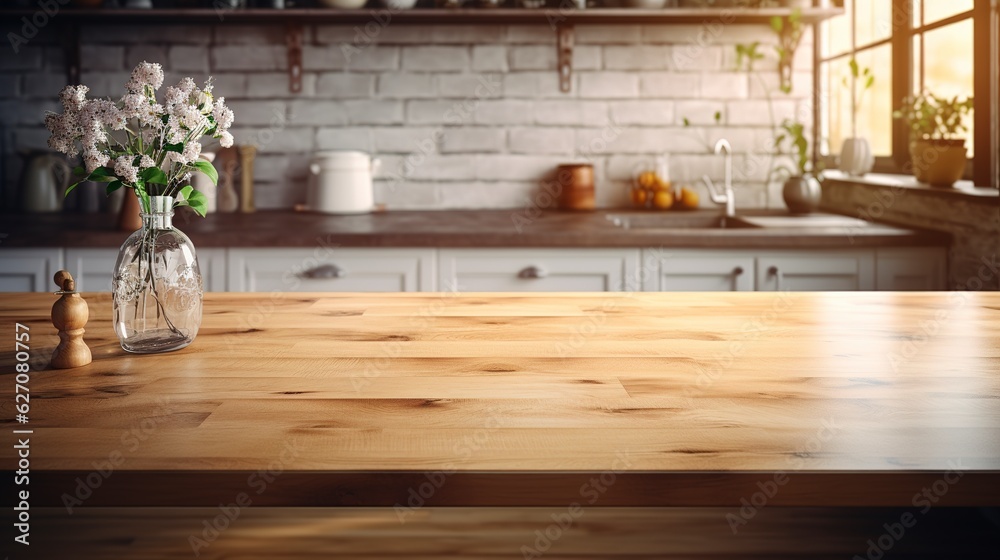 Empty wooden tabletop, bokeh view of modern kitchen interior. Product and food display Generative ai