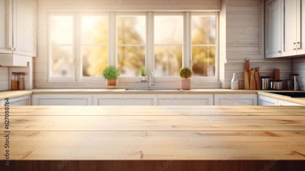 Empty wooden tabletop, bokeh view of modern kitchen interior. Product and food display Generative ai