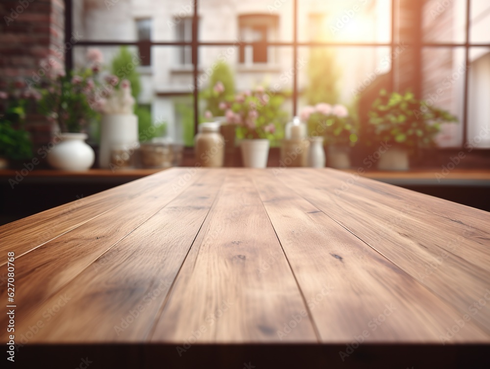 Empty wooden tabletop, bokeh view of modern kitchen interior. Product and food display Generative ai