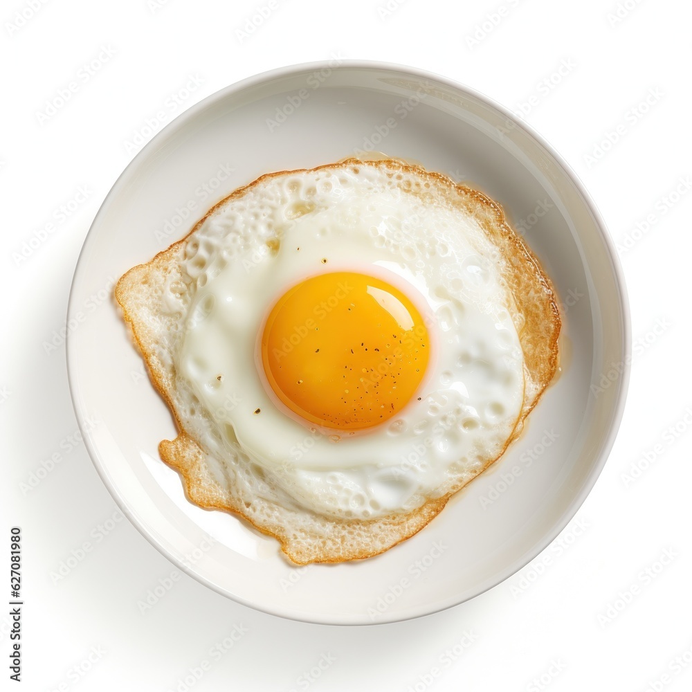 Fried egg on white plate isolated