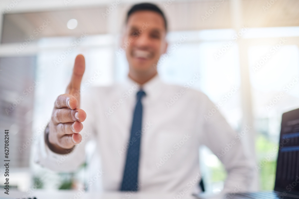 Closeup of a businessman stretching for shaking hands gesture for partnership, greeting or agreement