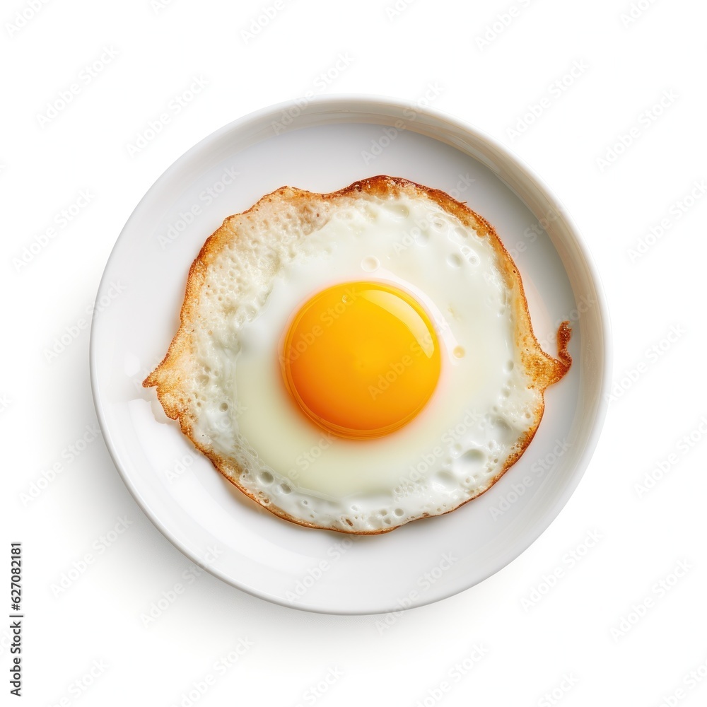 Fried egg on white plate isolated