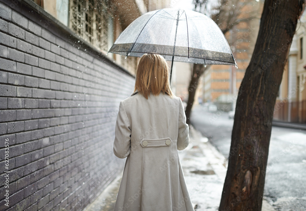 Not every day can be sunny. Rearview shot of a woman walking down a street in the rain and holding a