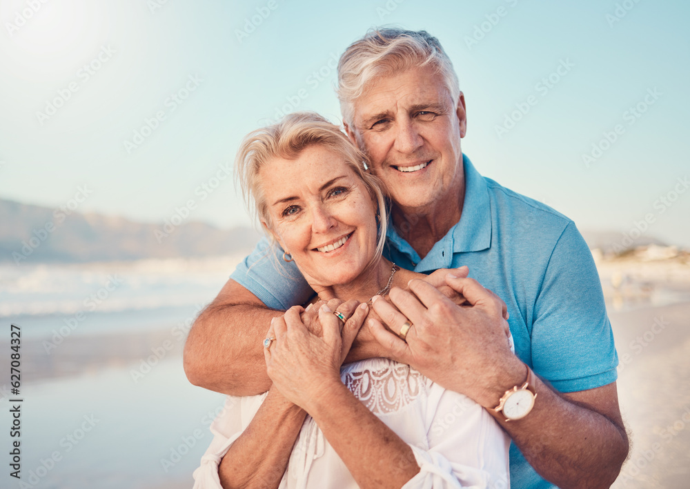 Beach, love and portrait of senior couple hugging in nature, holiday or romantic outdoor date togeth