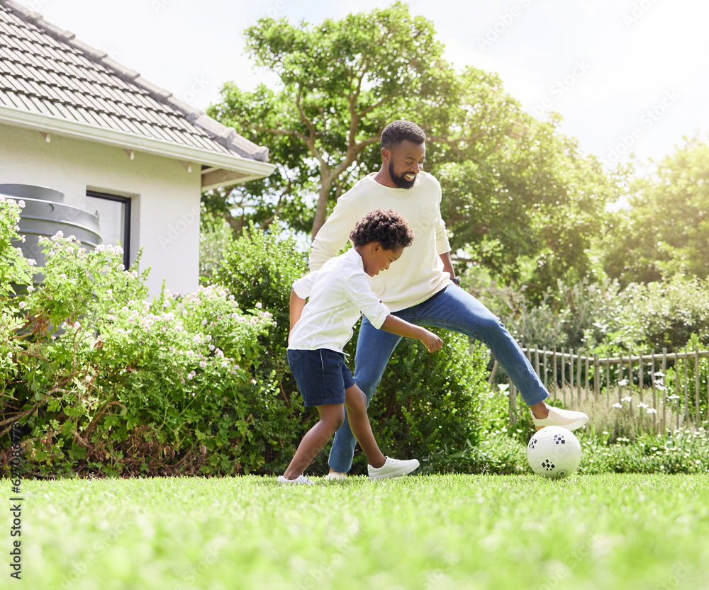 Soccer, father and happy kid on garden with sun, sport learning and goal kick together. Lawn, fun ga