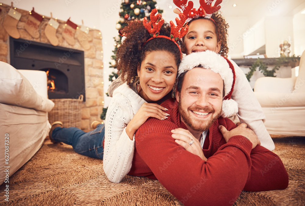 Christmas, happy family and portrait in home on floor, bonding and together. Xmas, smile and face of