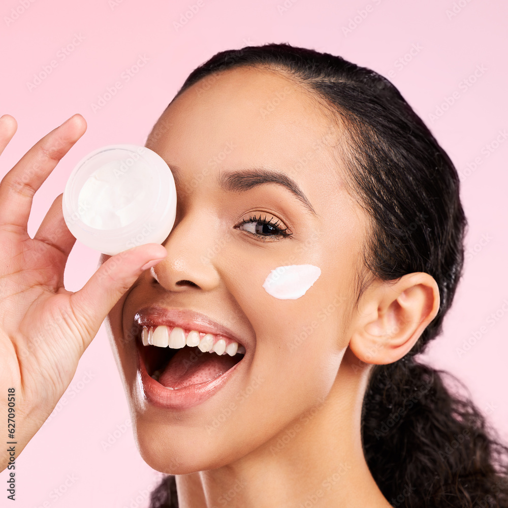 Skincare, cream jar and portrait of woman in studio for wellness, facial treatment and cosmetics. De